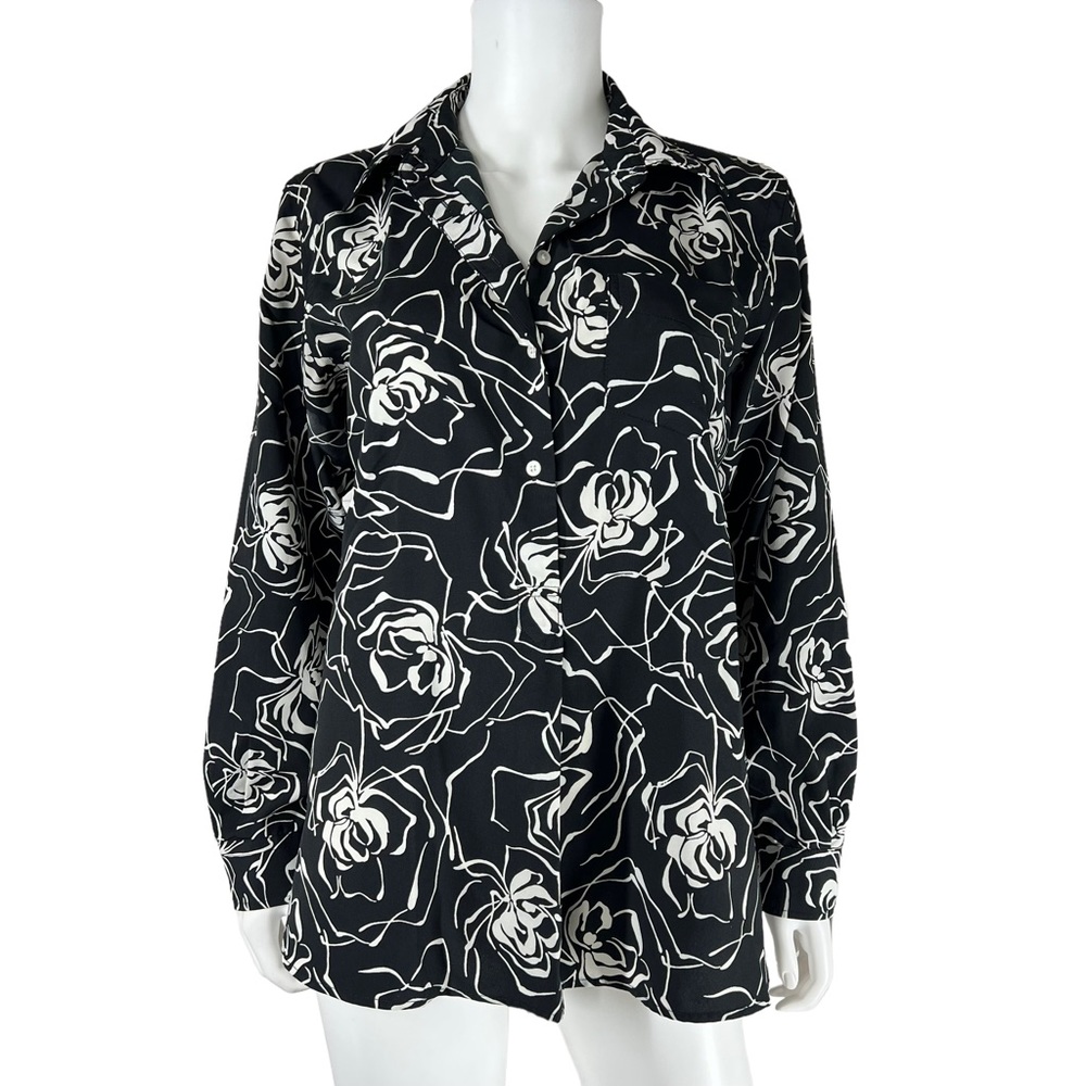 Lauren Ralph Lauren Black White Floral Tunic Top Blouse Pullover Petite Large